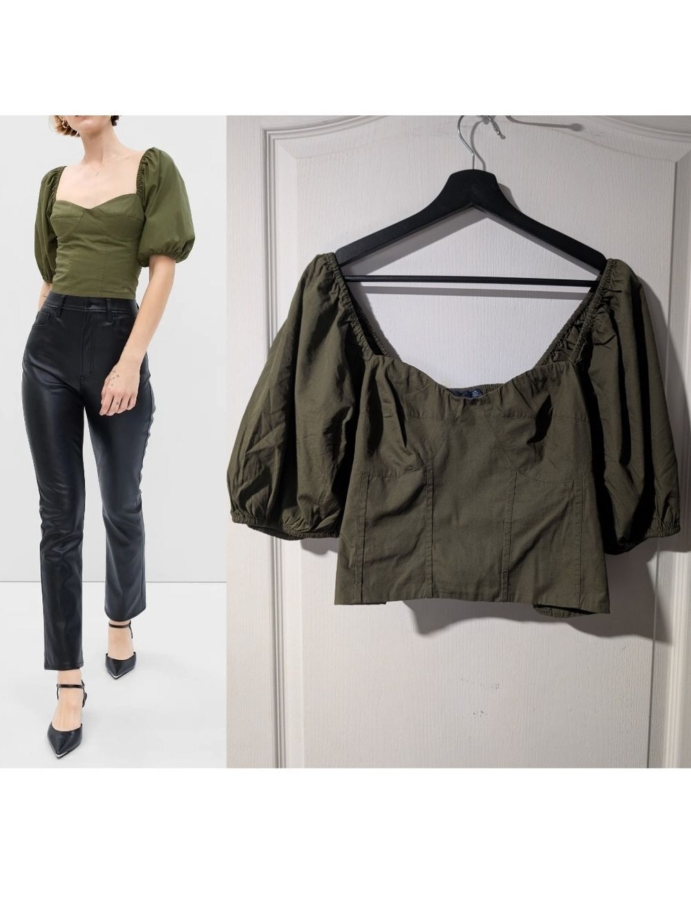 GAP | Army Green Sweetheart Puff Sleeve Top